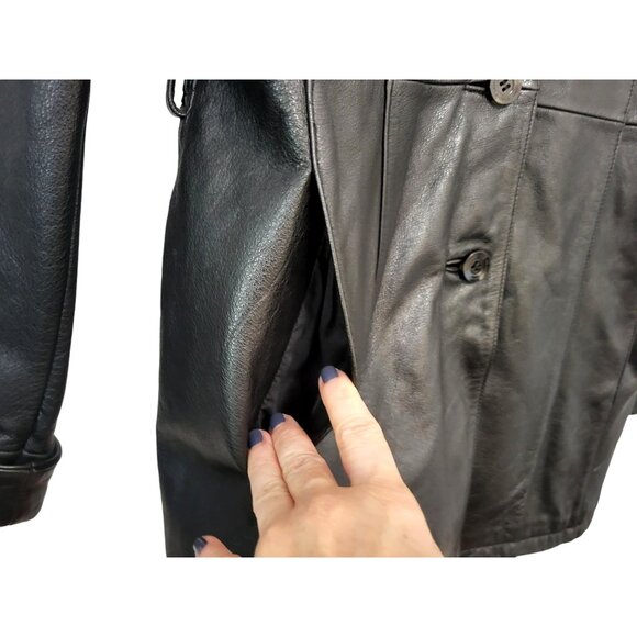 Vintage WILSONS Black Leather Trench Coat Quilted Thinsulate Lined Long Jacket - Picture 4 of 15